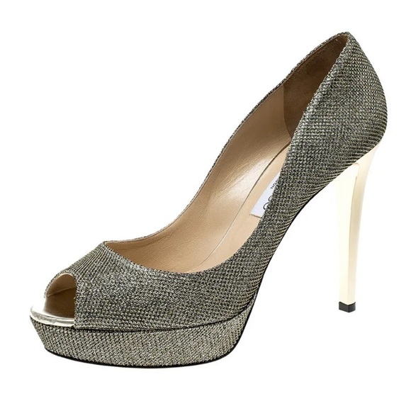 Jimmy Choo Luna 100 Platform Peep Toe Pumps | Metallic Bronze Lamè Glitter 37.5 - Picture 3 of 16